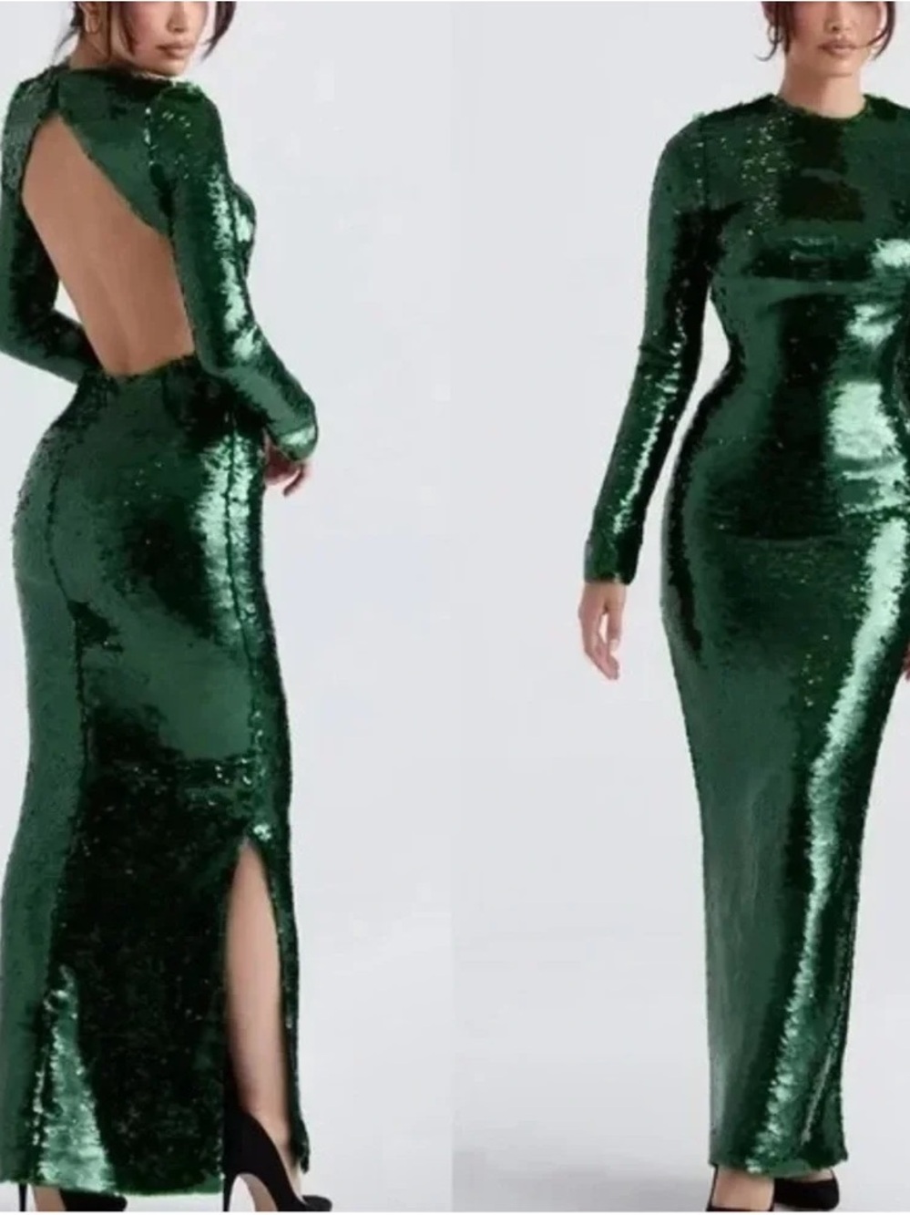 House of CB Emerald Green Sequin Open-Back Maxi Dress